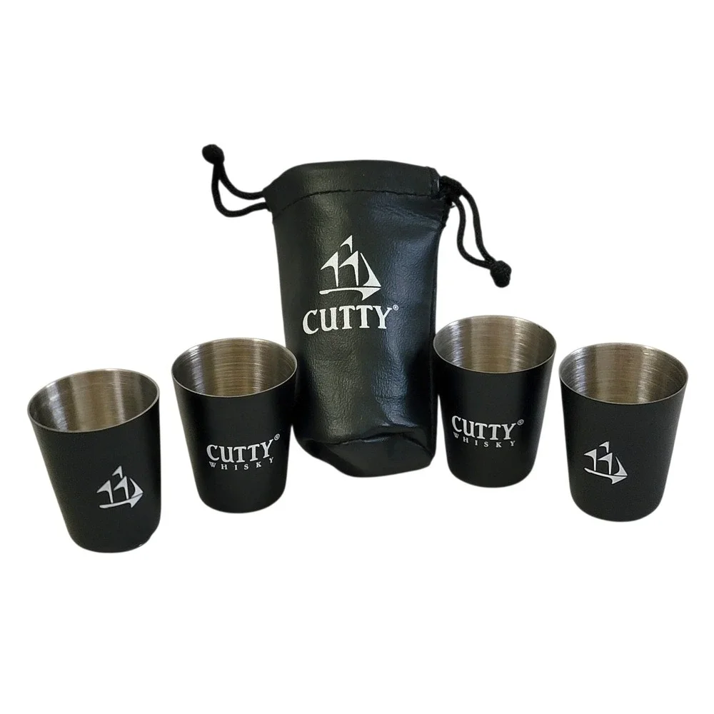 Cutty Sark Whisky Mini Shot Glass Set‎ 4pc Travel Pouch Black Metal Collectible